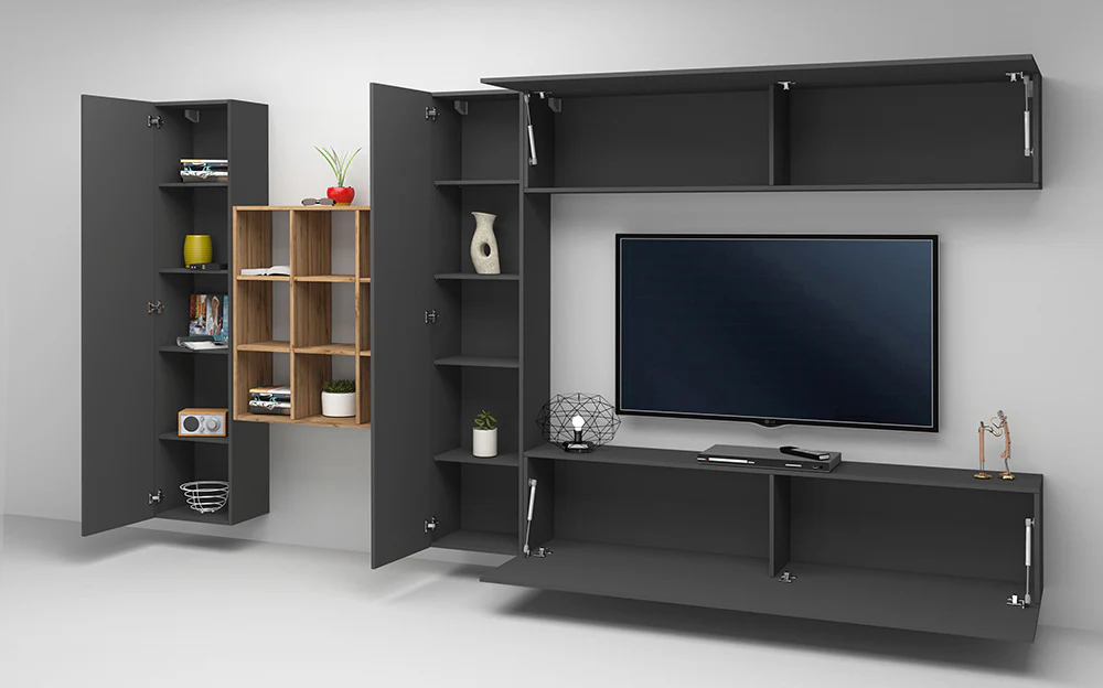 Soggiorno MARUSKA Parete Attrezzata 350 cm, Bianco Lucido/Antracite, Libreria Rovere Wotan - Image 3