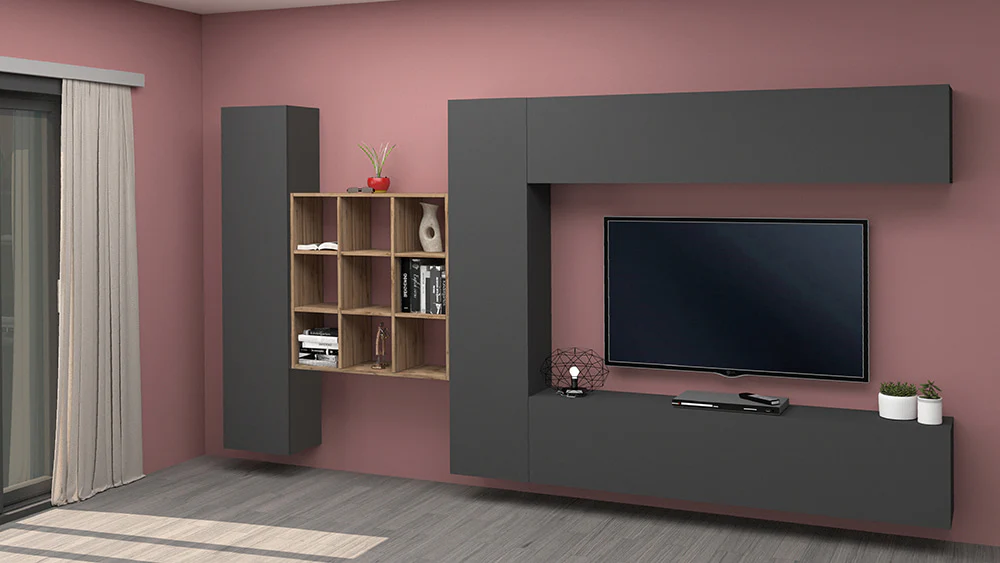 Soggiorno MARUSKA Parete Attrezzata 350 cm, Bianco Lucido/Antracite, Libreria Rovere Wotan - Image 4