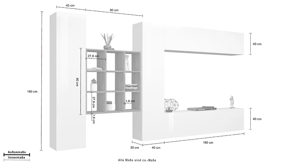 Soggiorno MARUSKA Parete Attrezzata 350 cm, Bianco Lucido/Antracite, Libreria Rovere Wotan - Image 5