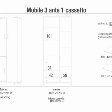 Mobile 3 ante con 1 cassetto - kit bianco fiammato cm 77 l x 34 p x 178 - Image 2