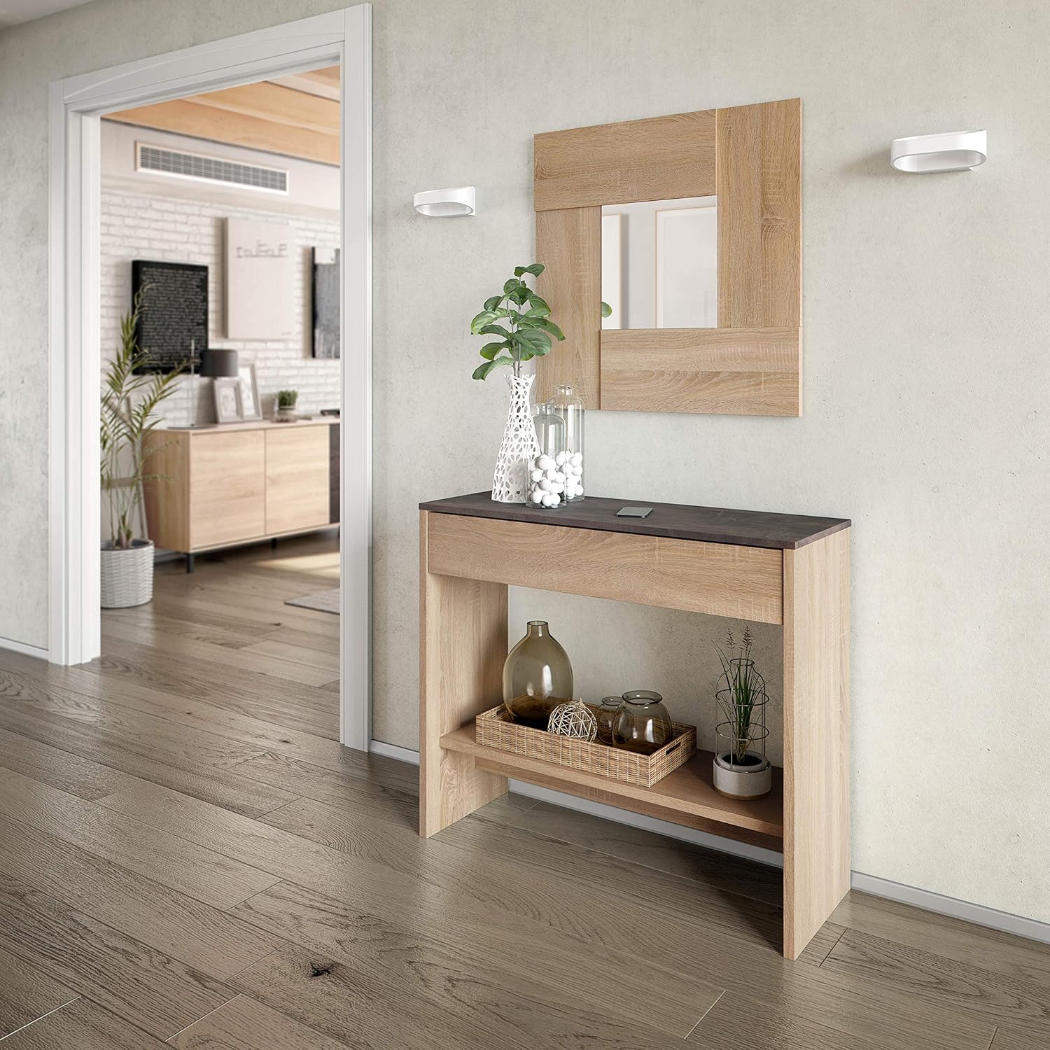 Mobile Ingresso con Cassetto e Specchio Oxys Rovere e Ossido - Image 2