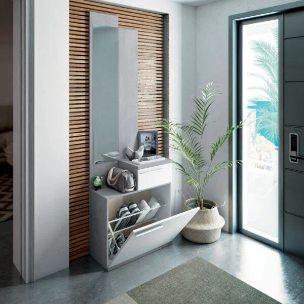 Mobile Ingresso Scarpiera Caren con Specchio 61x28x185h in Cemento e Bianco Artik - Image 2