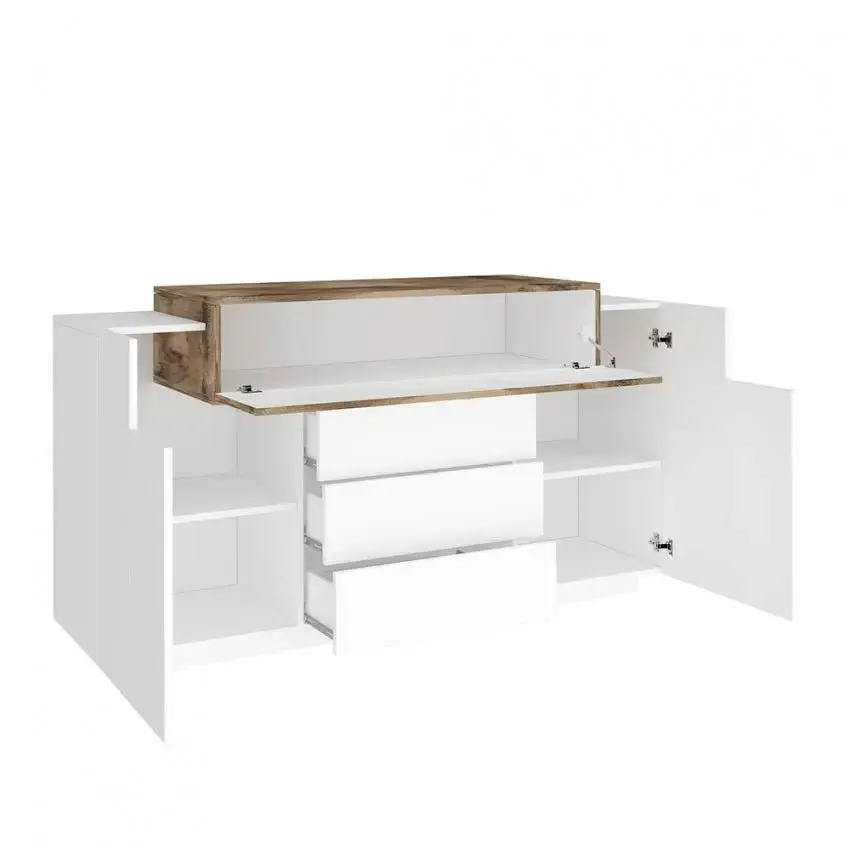 Mobile multiuso Coro Moderno: 2 ante battenti, 1 ribalta e 3 cassetti - Bianco lucido Acero Pereira - Image 3