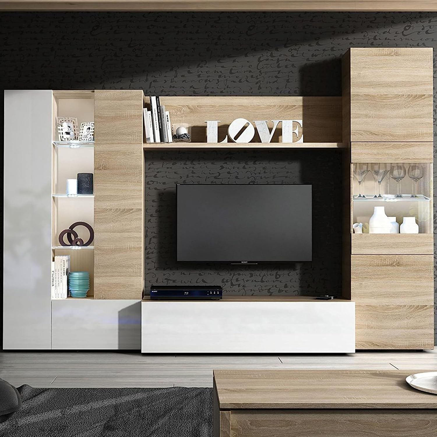 Mobile soggiorno Essenzial LED - 260x185x42 cm, bianco lucido/canadian - Image 5