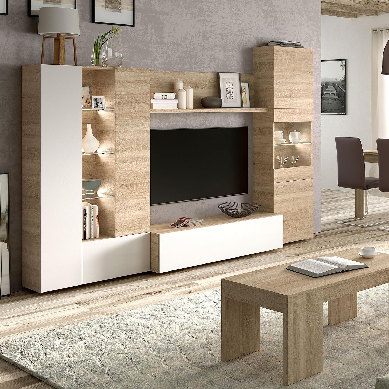 Mobile soggiorno Essenzial LED - 260x185x42 cm, bianco lucido/canadian - Image 6