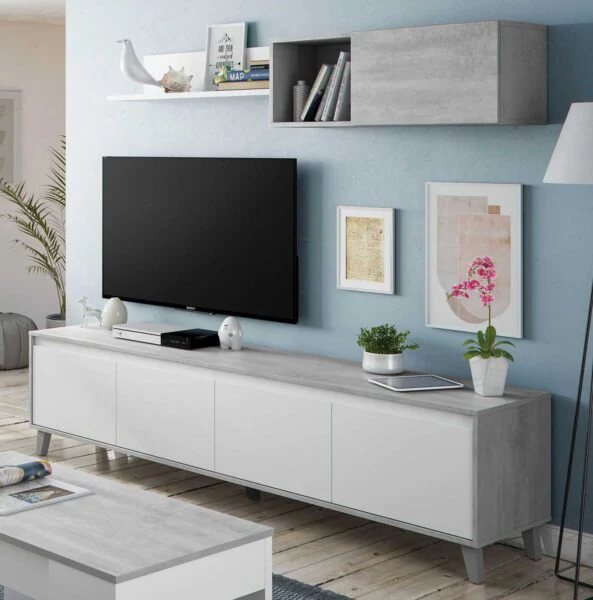 Mobile Soggiorno Caracas 200x40x50h Bianco Artik/Cemento – Base, Pensile, Mensola