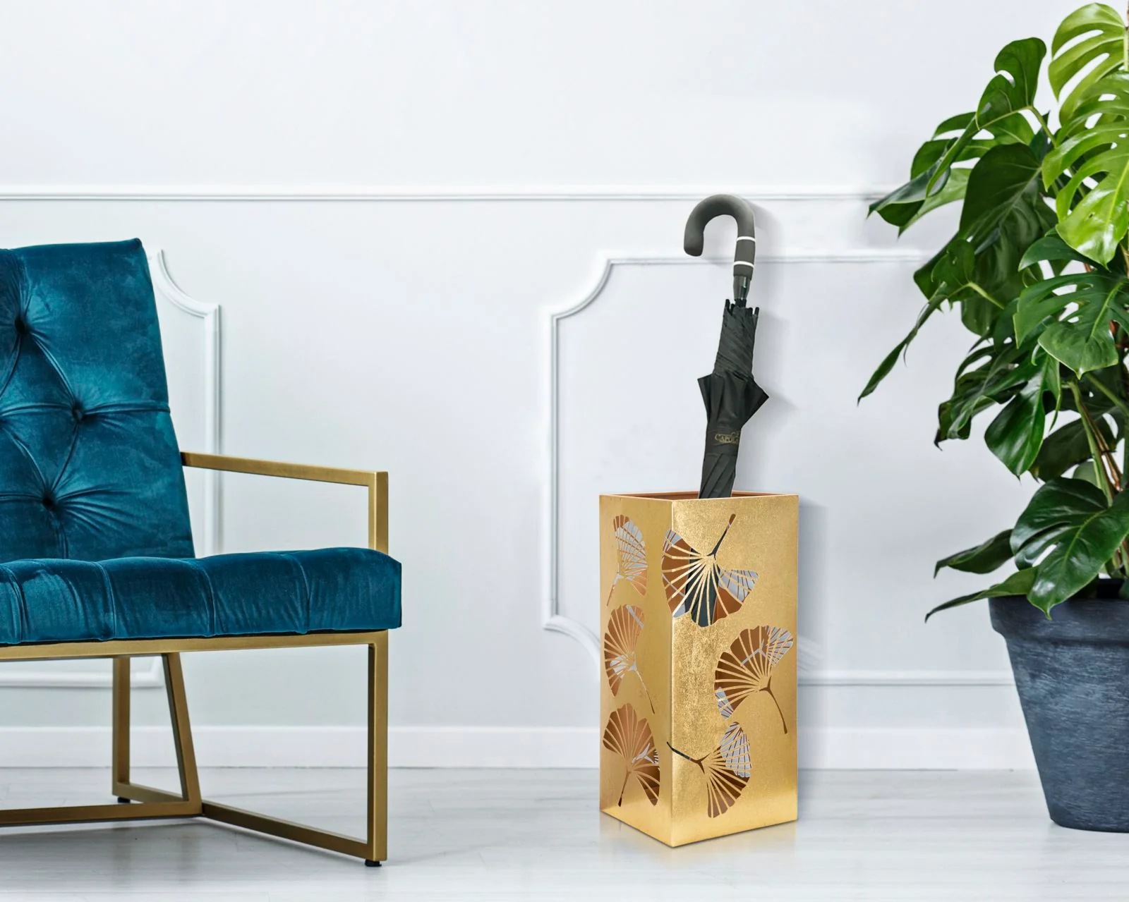 Portaombrelli intagliato in metallo dorato con design a foglia - cm 24x24x55 - Image 7