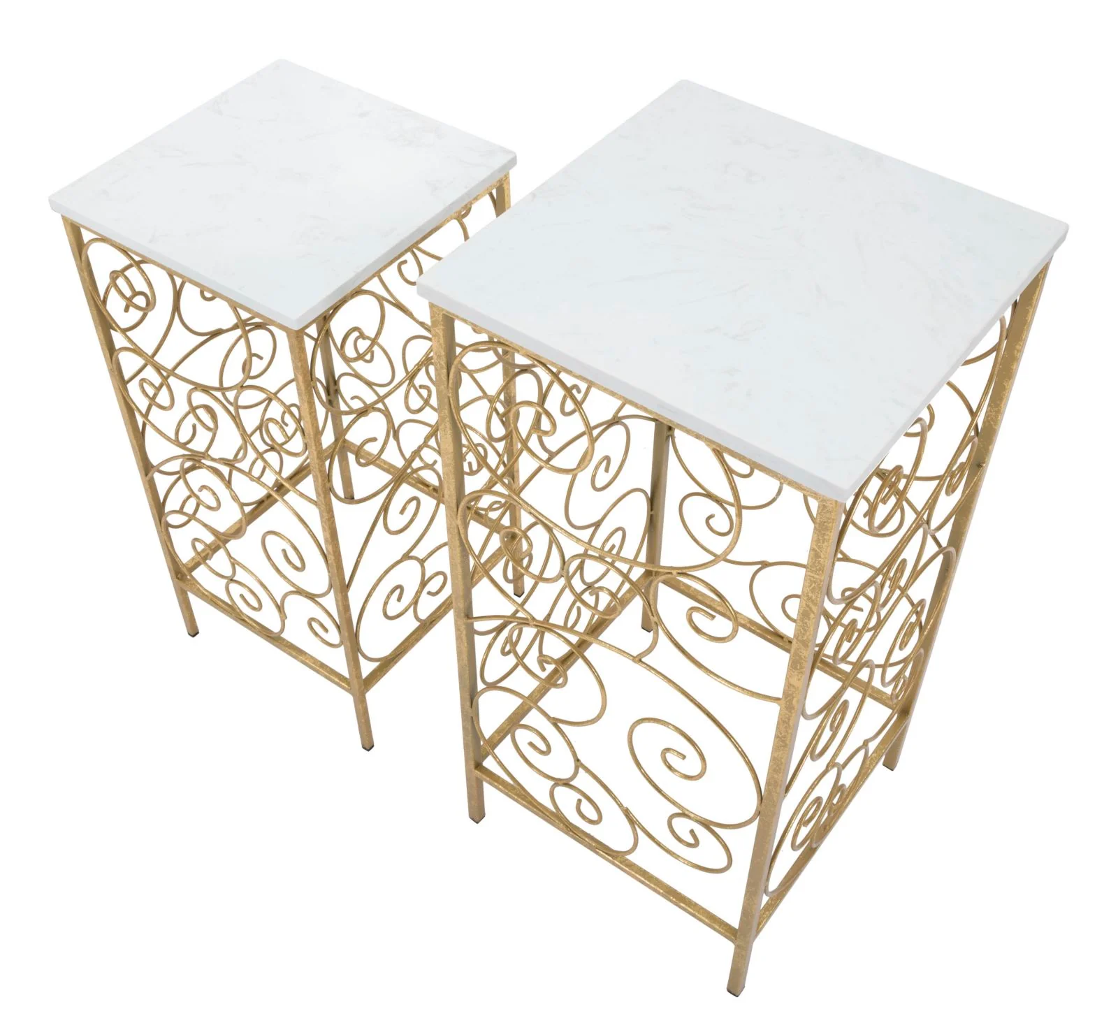 Coppia di Tavolini Eleganti in Metallo Dorato con Piano in Marmo Bianco - Image 3