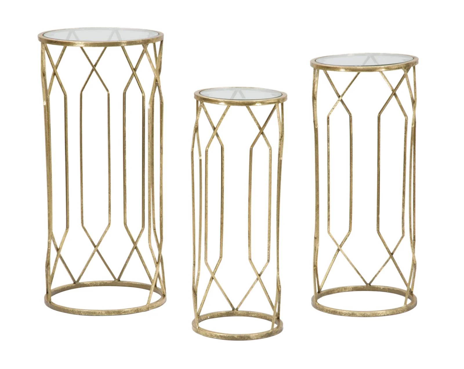 Tavolini eleganti Tunisi Tris in metallo e vetro ø 32x71-28x65-23x61