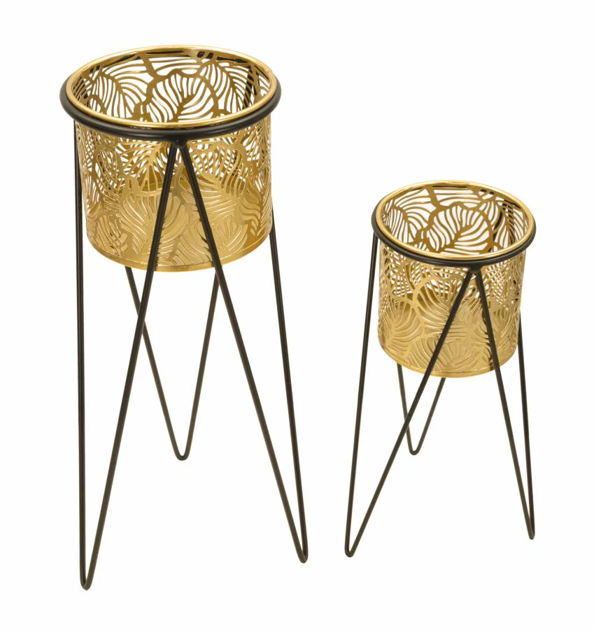 Coppia di Portavasi Drak Eleganza in Metallo Dorato cm 21x20x46 e 18x18x32 - Image 2