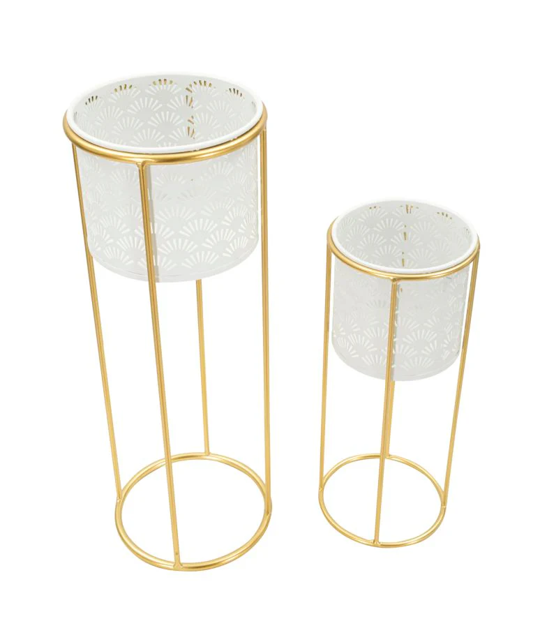 Coppia di Vasi Whity in Metallo Bianco con Supporto Dorato cm ø 17x46-14x34 - Image 2