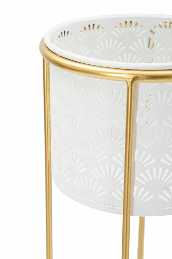 Coppia di Vasi Whity in Metallo Bianco con Supporto Dorato cm ø 17x46-14x34 - Image 3