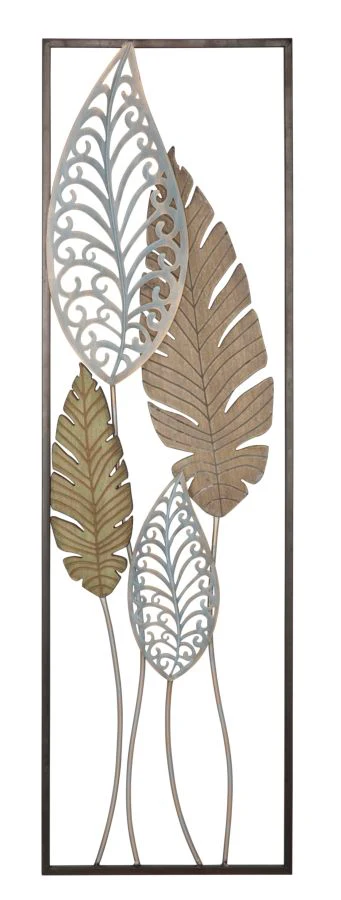 Pannello Decorativo in Metallo e Legno con Motivo di Foglie - cm 30,5x2,5x99,5