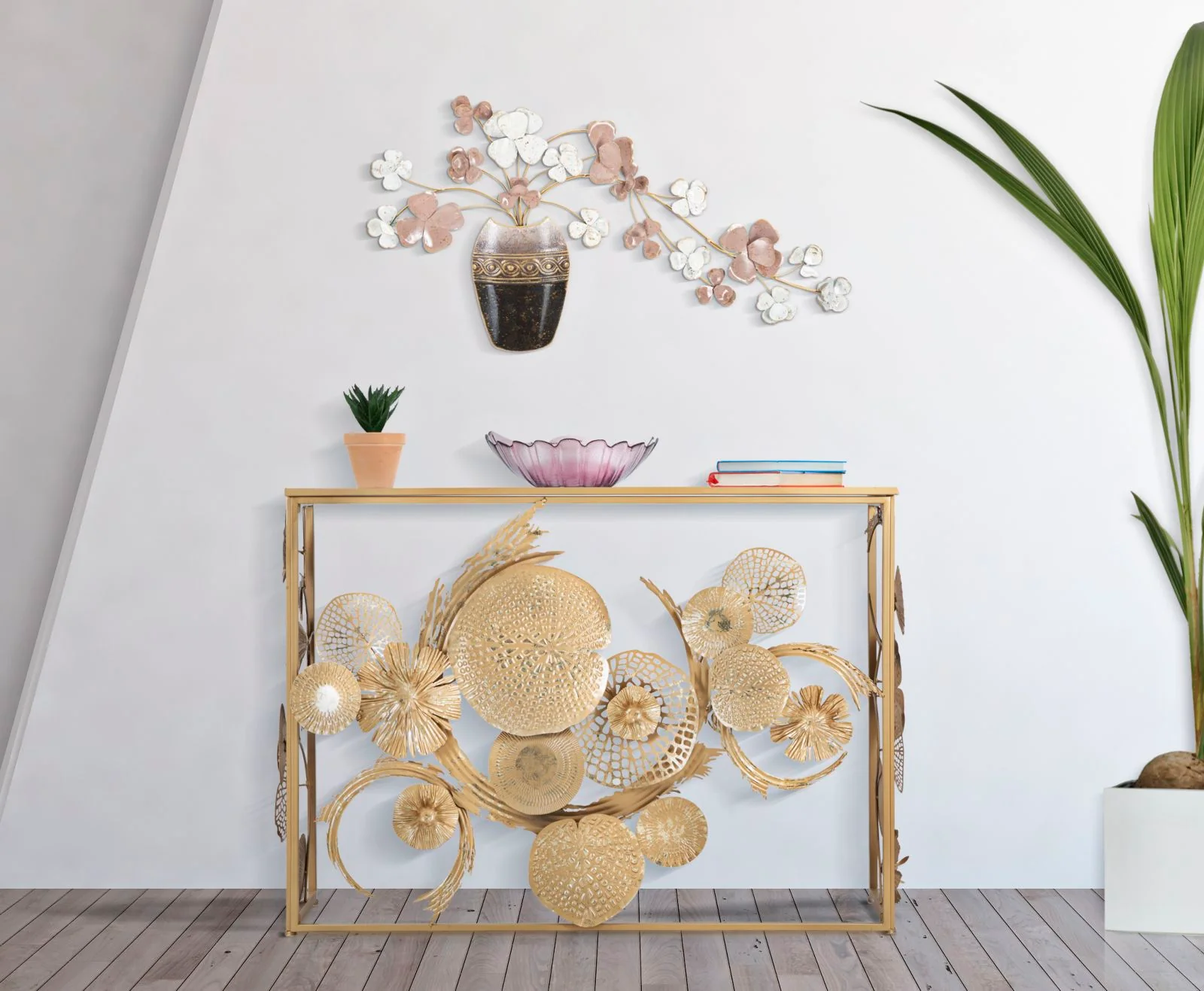 Pannello Decorativo in Ferro con Vaso e Fiori cm 87,5x6x46 - Image 2