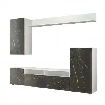 Parete Soggiorno Bridge Bianco Lucido e Antracite Effetto Marmo  cm 207 x 34 x 170 h