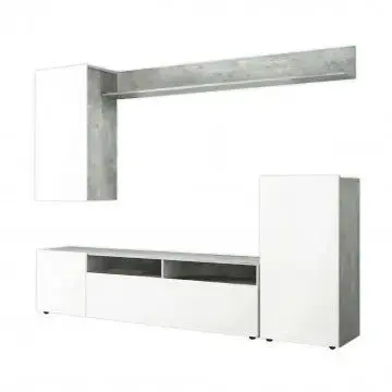 Parete Soggiorno Bridge Bianco Lucido e Grigio Cemento cm 207 x 34 x 170 h
