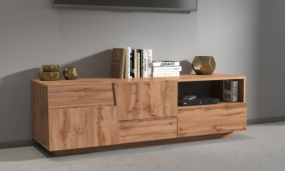 Porta TV PONGO 150 cm - Rovere Wotan, con ante, vano e cassetto