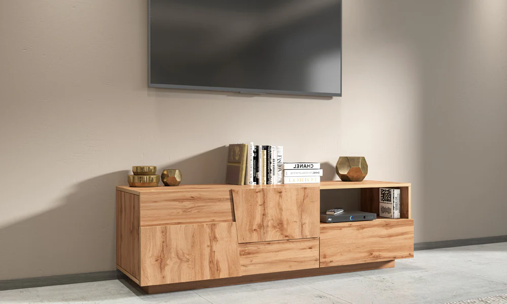 Porta TV PONGO 150 cm - Rovere Wotan, con ante, vano e cassetto - Image 3