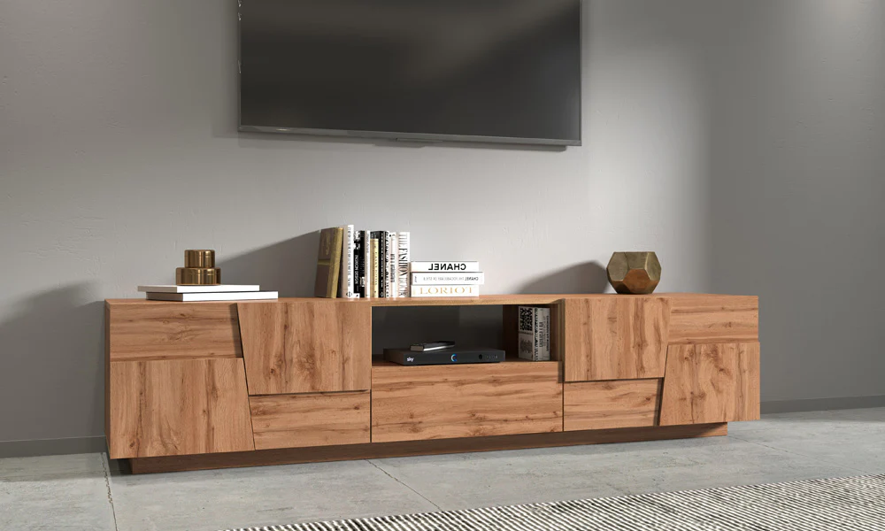 Porta TV PONGO 220 cm - Mobile Moderno con 4 Ante, Cassetto e Vano a Giorno