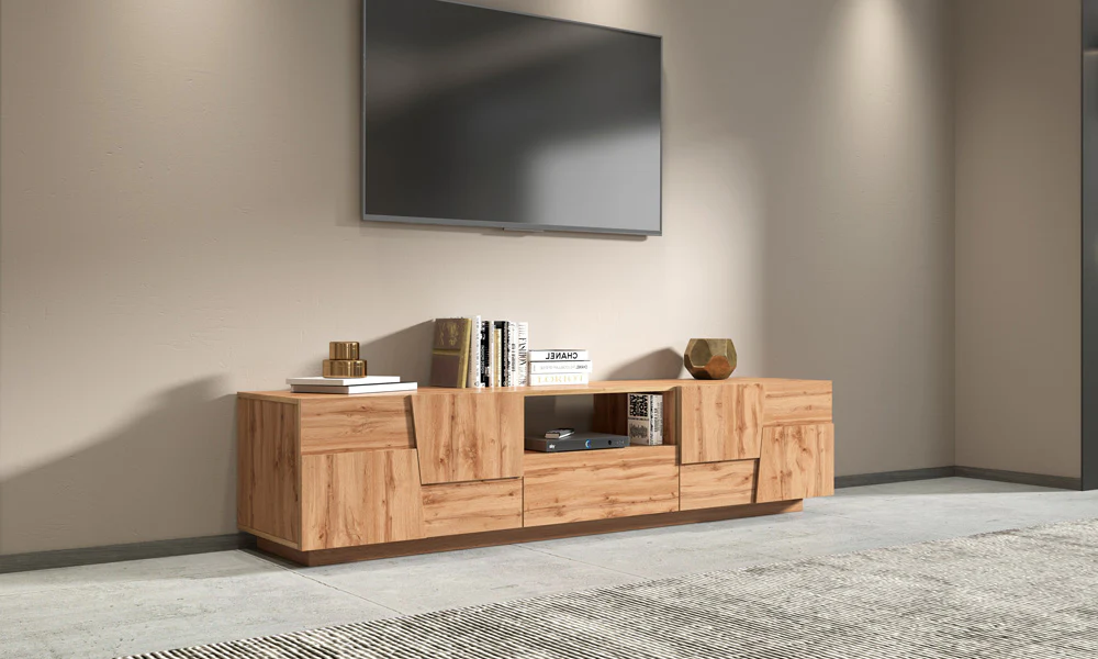 Porta TV PONGO 220 cm - Mobile Moderno con 4 Ante, Cassetto e Vano a Giorno - Image 2