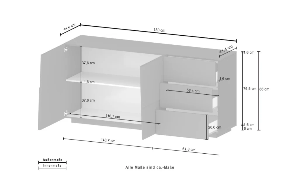 Credenza PONGO 180 cm - Mobile con 2 Ante, 3 Cassetti e Ripiani Interni Spaziosi - Image 3