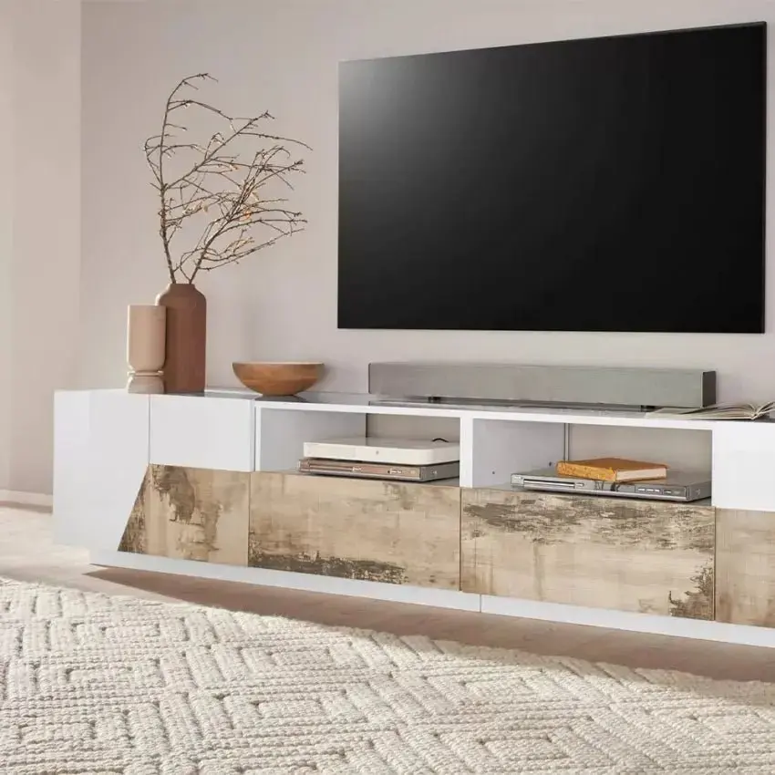 Porta TV Alien con dimensioni 260 x 43 x 46 cm Lowboard in Bianco Laccato/Acero Pereira - Image 2