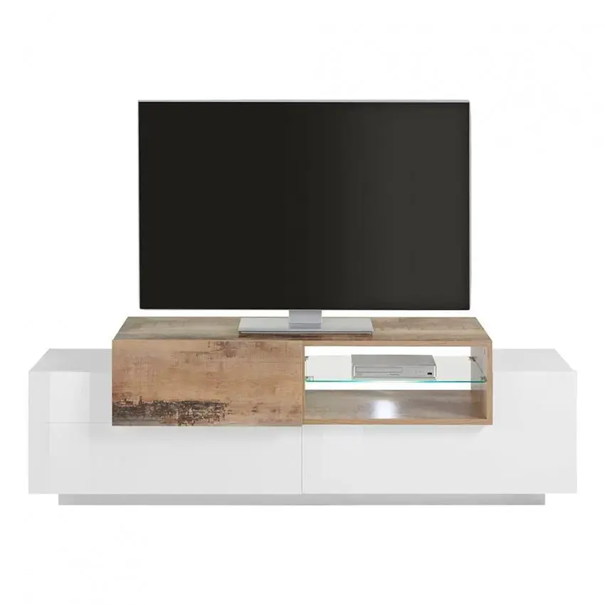 Porta TV Moderno 2+1 Ante Battenti Ripiano Vetro Bianco Acero Pereira - Image 2