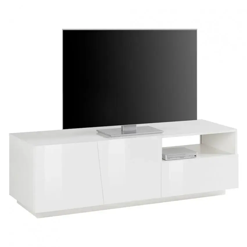 Porta TV Vega moderno con 2 ante battente e 1 cassetto - Bianco lucido - Image 2