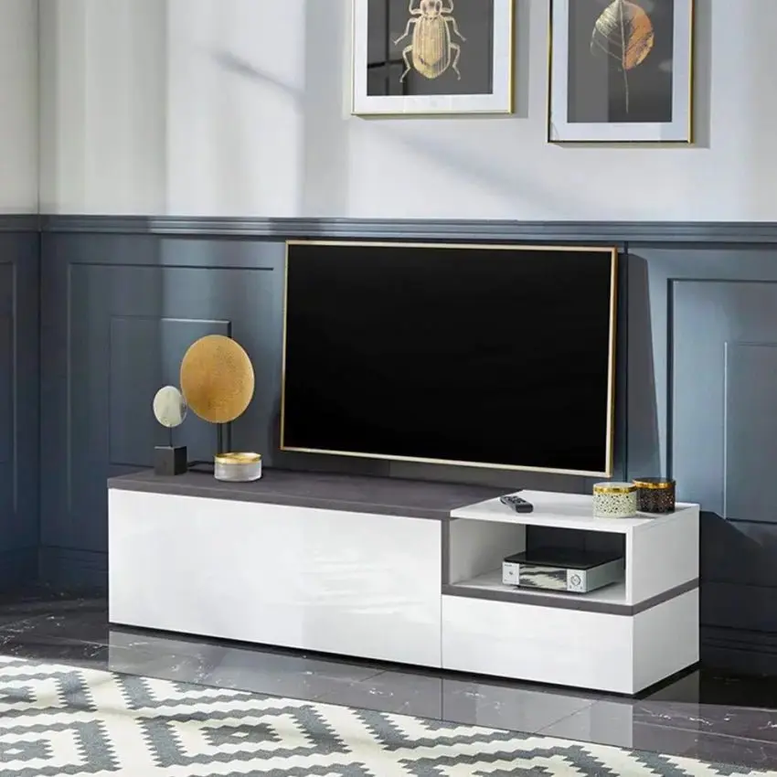 Porta TV ZET 160 - Moderno, 1 Grande Anta Ribalta, 1 Piccola Anta Ribalta, Bianco Ardesia