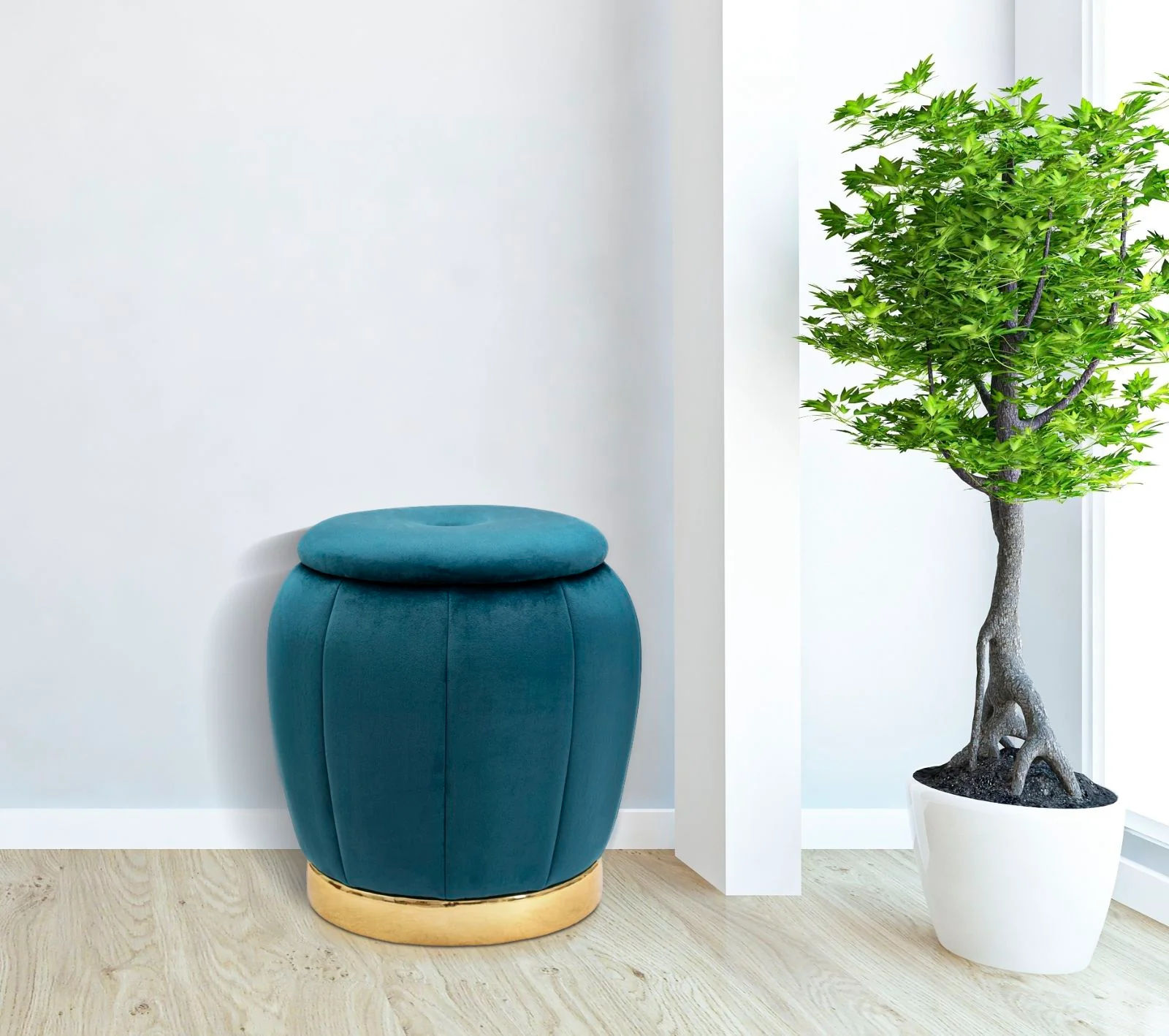 Pouf Contenitore Paris in Velluto Ottanio e Oro - Ø 43x43 cm - Image 7