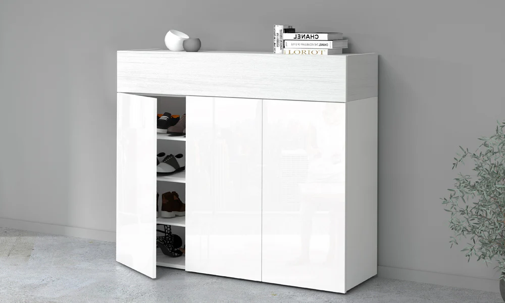 Scarpiera SAVONA 3 Ante e Ribalta - Bianco Lucido/Bianco Larice, Moderna e Capiente