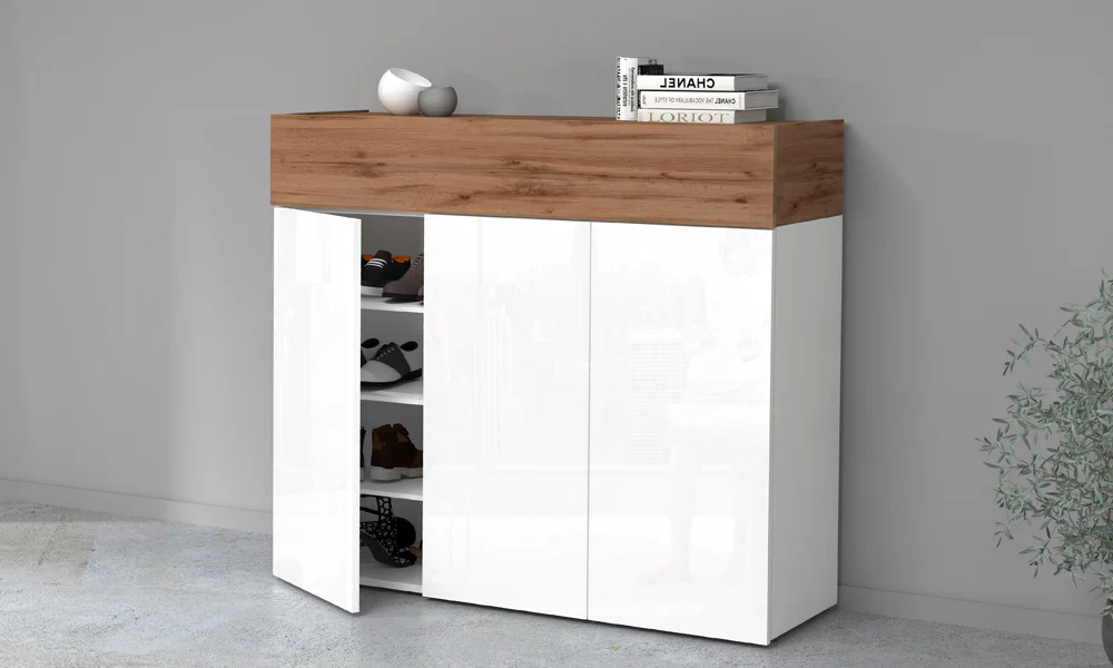 Scarpiera SAVONA 3 Ante e Ribalta - Bianco Lucido/Rovere Wotan, Moderna e Capiente