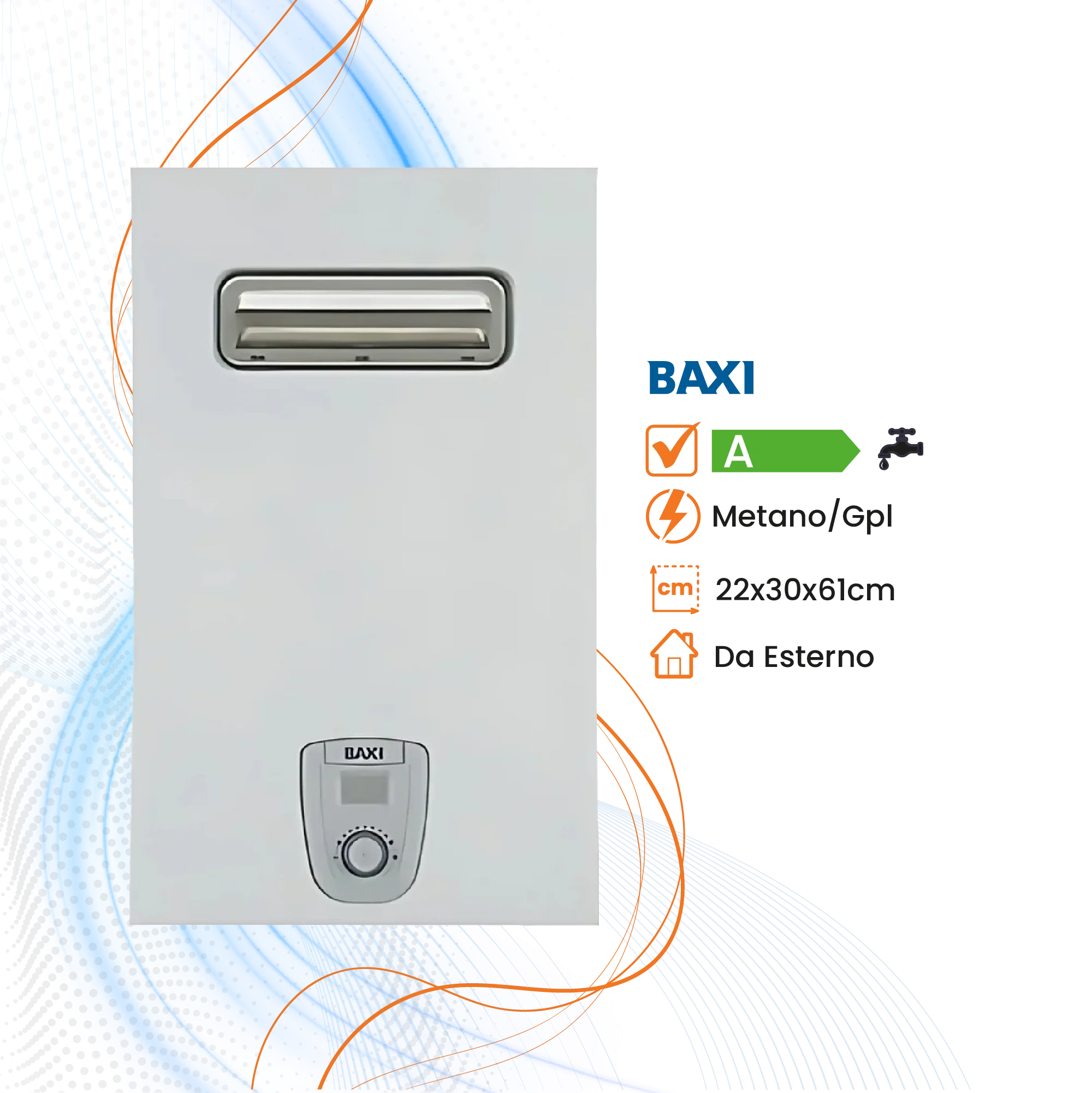 Scaldabagno Baxi AcquaPro Jet Blue Air Low Nox a Gas Camera Stagna - Da Esterno