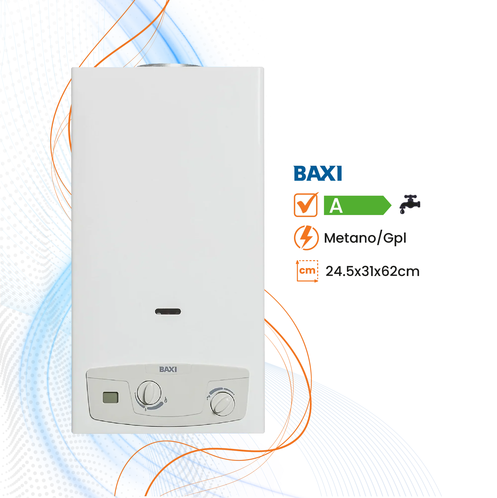 Scaldabagno Baxi AcquaPro Jet Blue Low Nox a Gas Tiraggio Naturale
