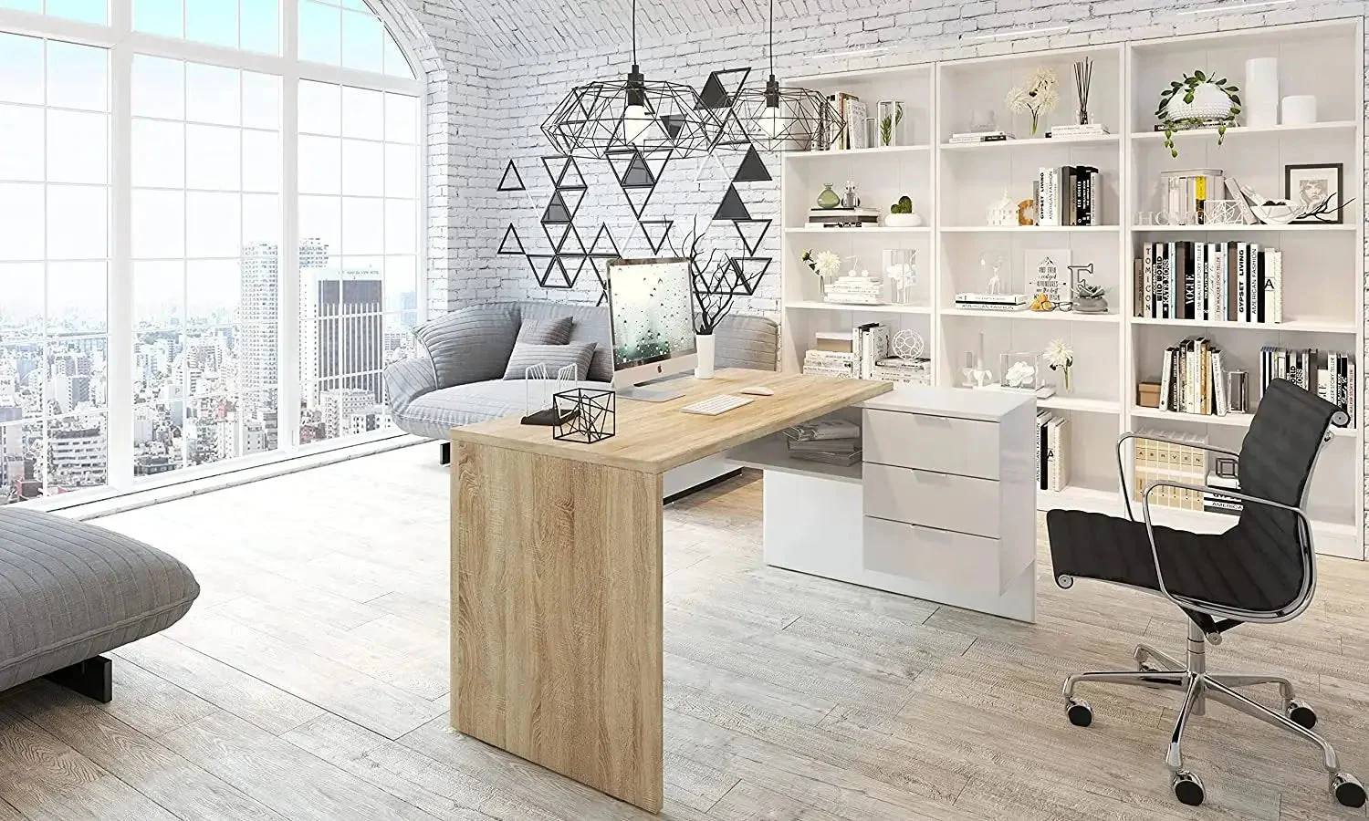 Scrivania reversibile in laminato rovere con cassettiera bianca - Image 2