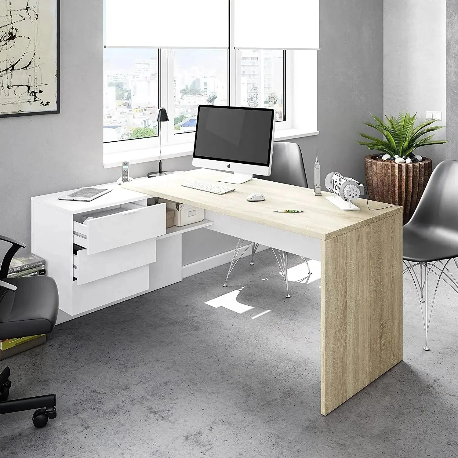 Scrivania reversibile in laminato rovere con cassettiera bianca - Image 4