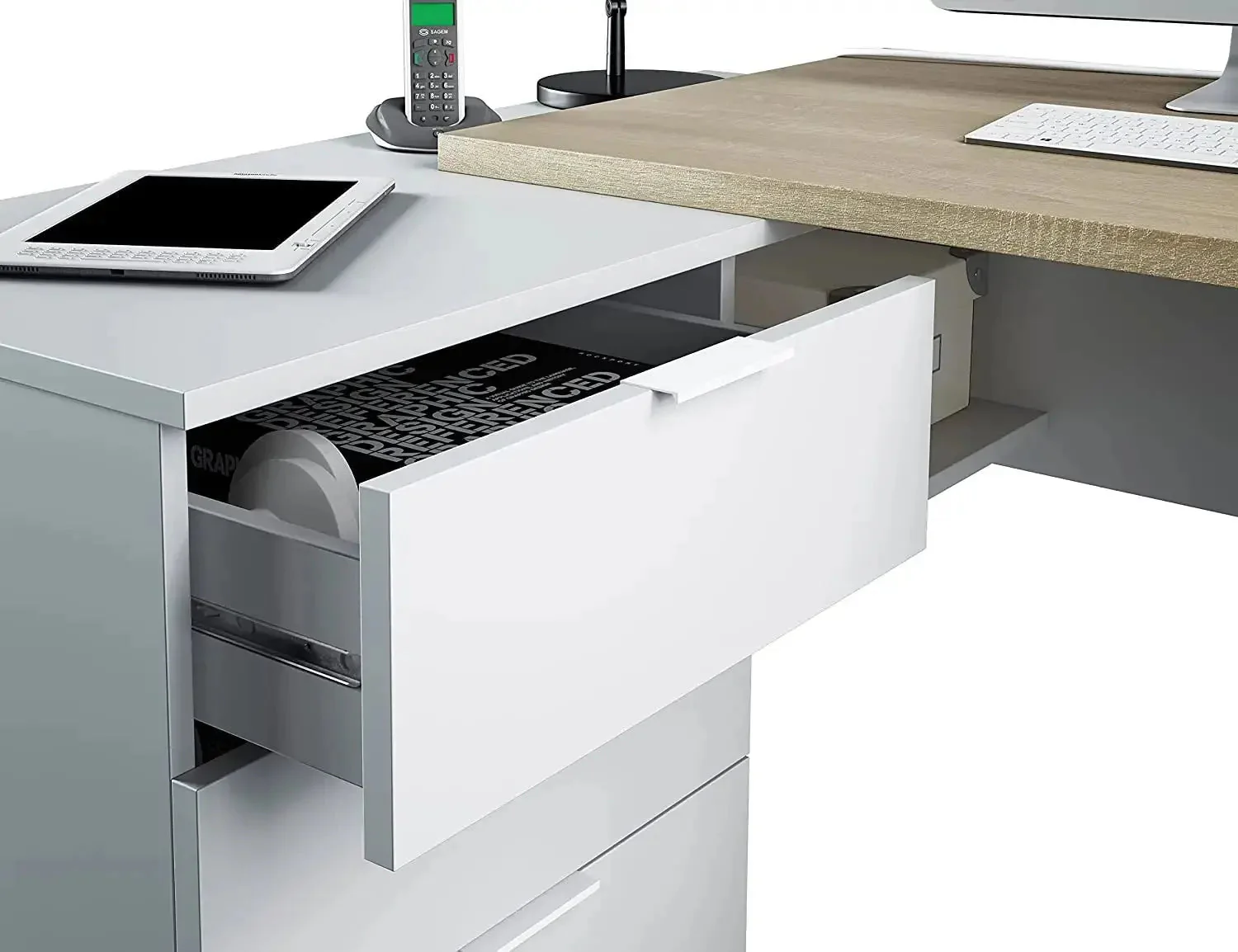 Scrivania reversibile in laminato rovere con cassettiera bianca - Image 6