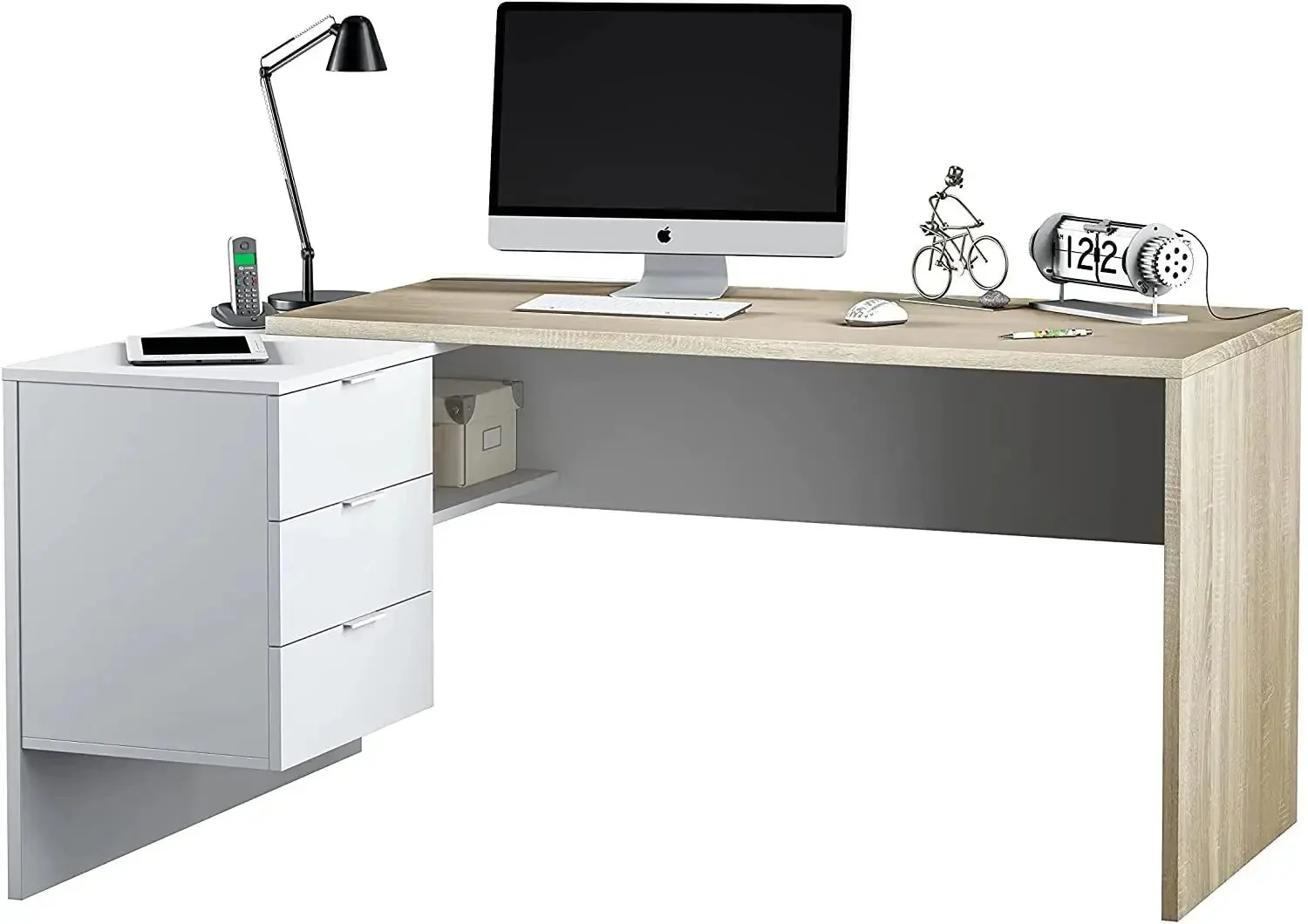 Scrivania reversibile in laminato rovere con cassettiera bianca - Image 7