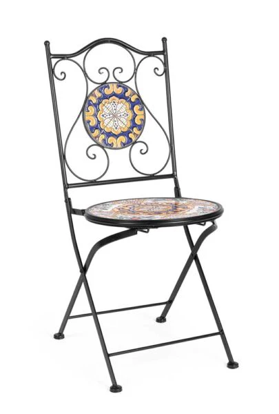Sedia pieghevole Santorini in ferro e ceramica mosaico 39x47x92 cm