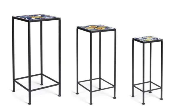 Set 3 Tavolini da Esterno Blu Makari – Struttura in Ferro e Piano in Ceramica