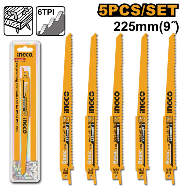 Set 5 lame 225mm, 6 TPI, per seghetto a gattuccio, taglio legno