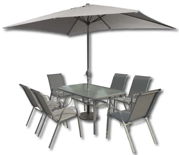 Set da giardino in acciaio con tavolo 150x90, 6 poltrone, ombrellone 2x3m e base