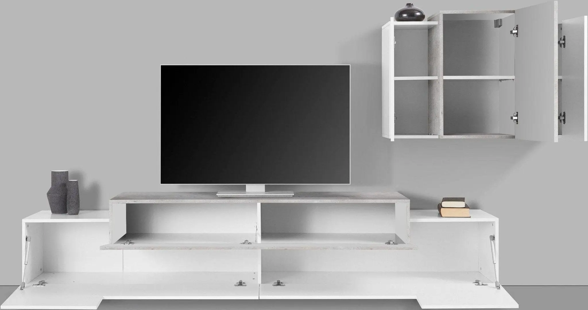 Soggiorno Coro: Porta TV + Pensile Bianco Lucido in Stile Cemento - Image 3