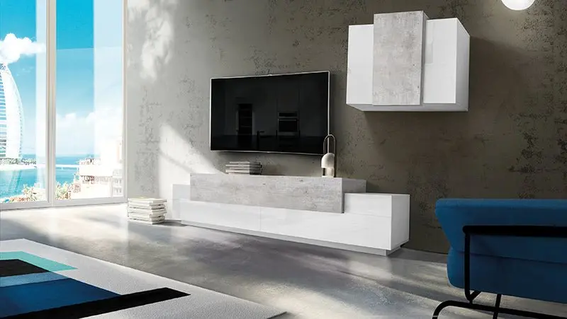 Soggiorno Coro: Porta TV + Pensile Bianco Lucido in Stile Cemento - Image 4