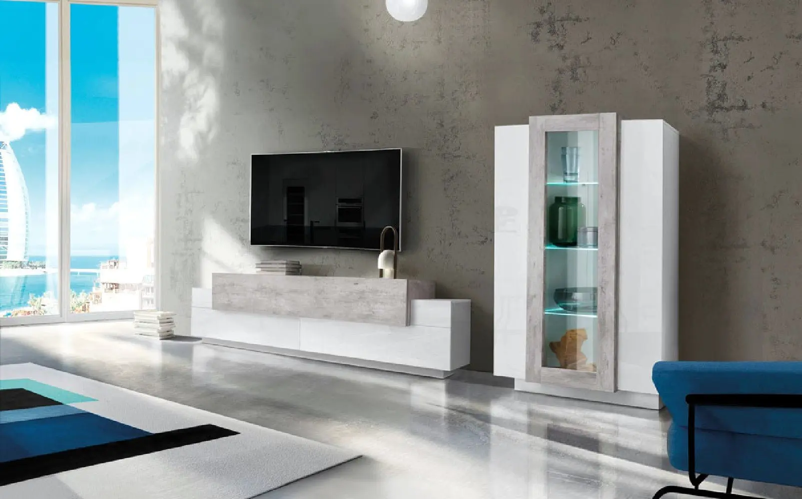 Soggiorno CORO: Porta TV + Vetrina Bianco Lucido con Elemento Cemento - Image 2
