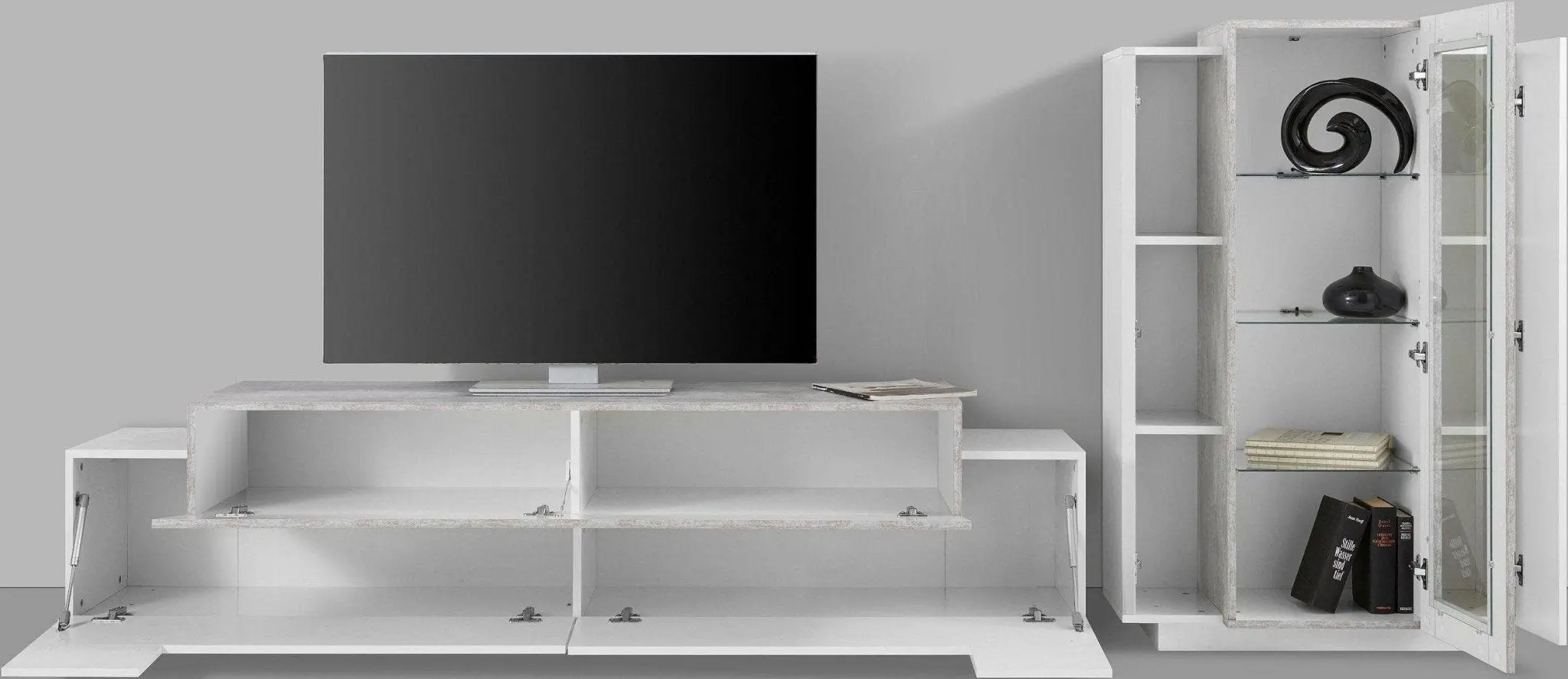 Soggiorno CORO: Porta TV + Vetrina Bianco Lucido con Elemento Cemento - Image 3
