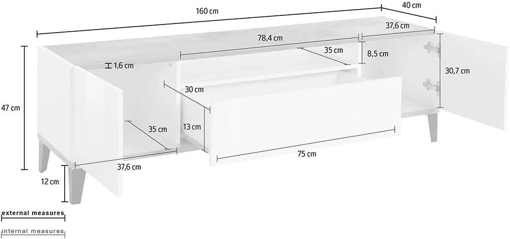 Porta TV SUNRISE 160 cm - Bianco/acero, con vani e cassetto - Image 4