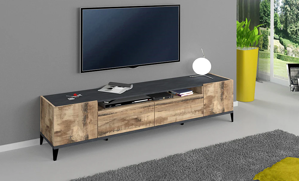 Porta TV SUNRISE 200 cm - Acero/ardesia, 2 vani e 2 cassetti