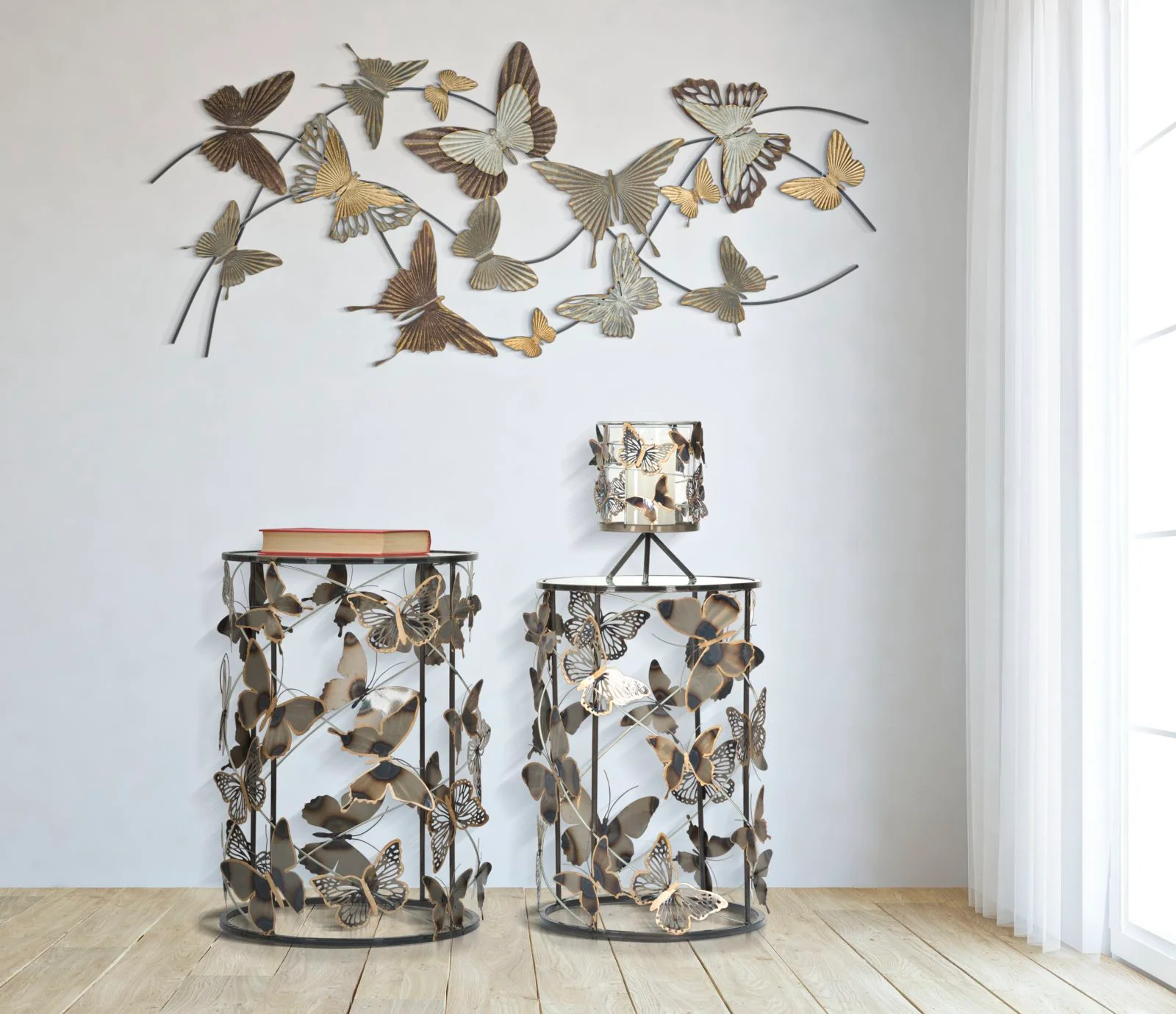 Coppia di Tavolinetti Farfalle Eleganti cm 41,3x55-35x50,3 - Image 3