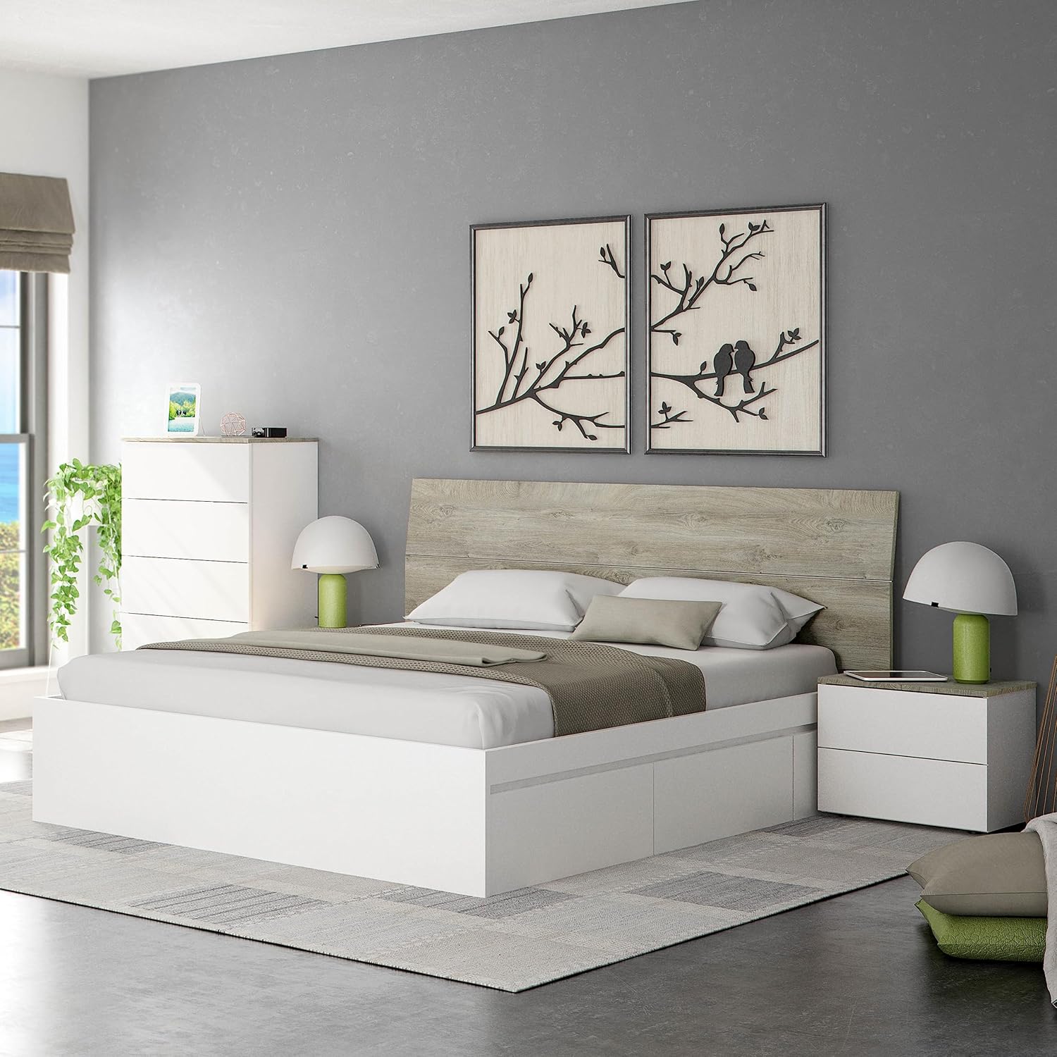 Set Testiera Letto Matrimoniale con 2 Comodini - Bianco Artik e Rovere Alaska - Image 6
